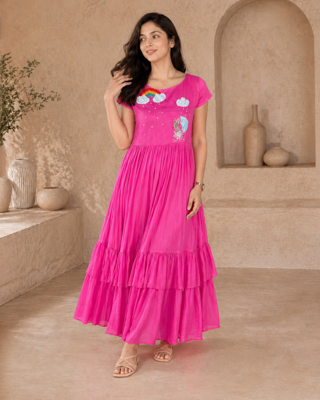 Mul mul chanderi  frock with hand embroidery detailing