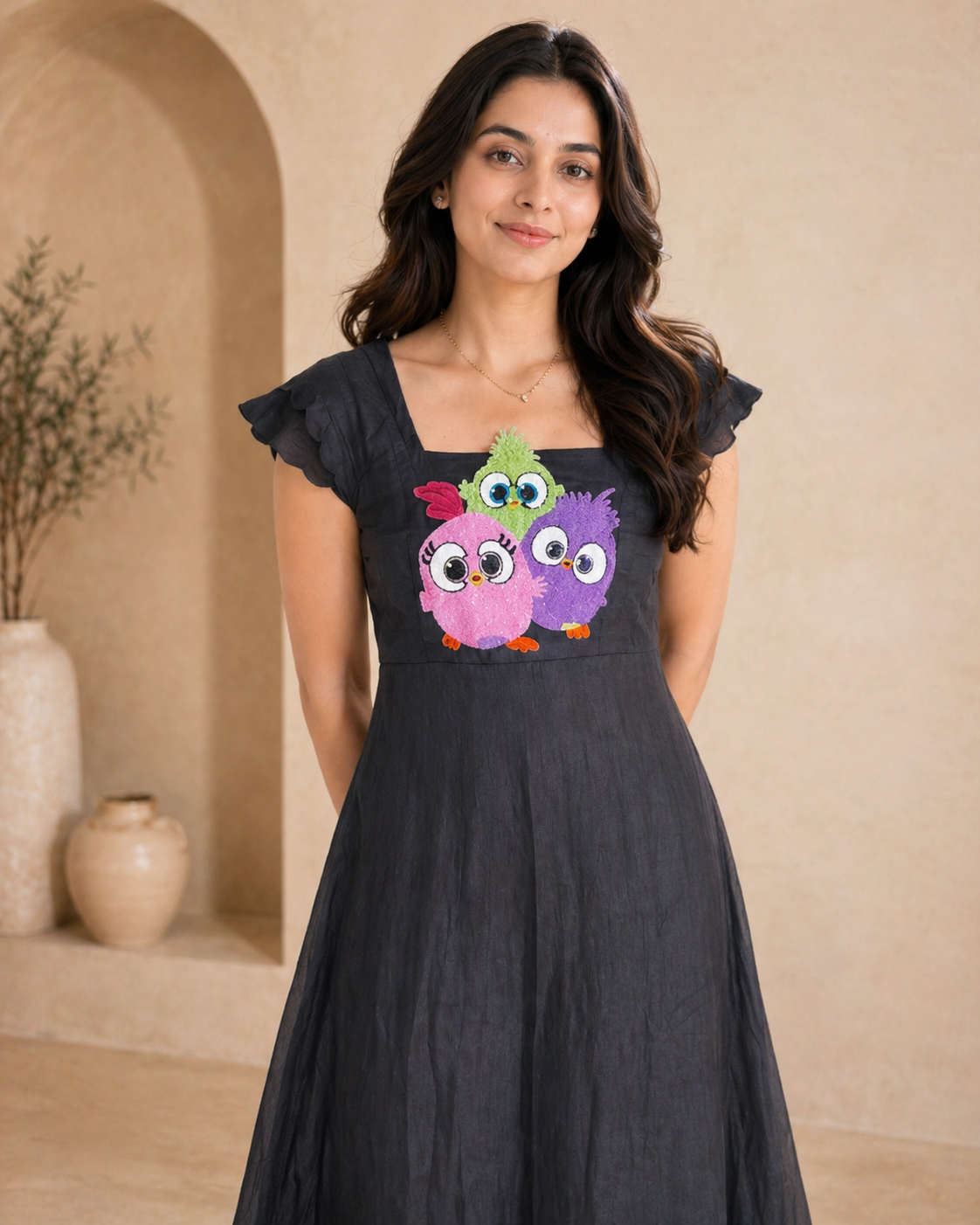 Black raw silk  frock with angry birds