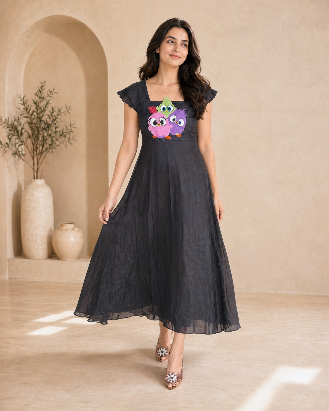 Black raw silk  frock with angry birds