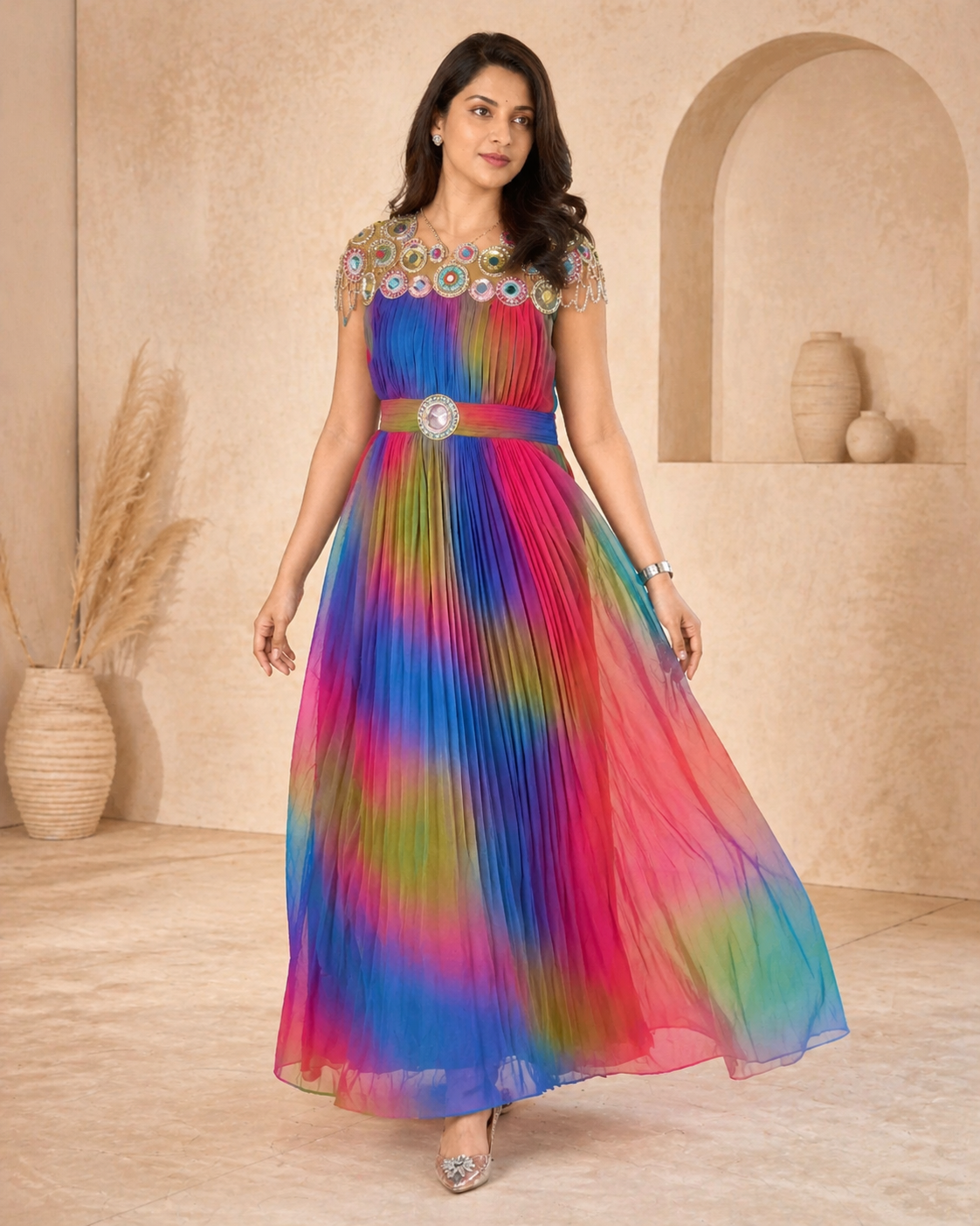 Multi colour frock  with mirror work