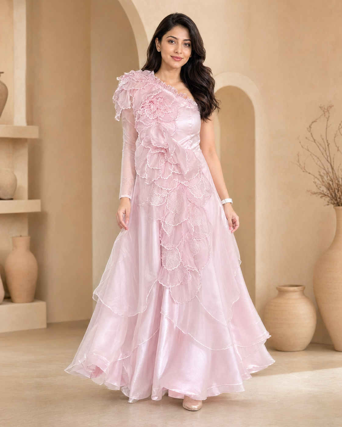 Handcrafted pratywear bloom craft floral organza frock for women