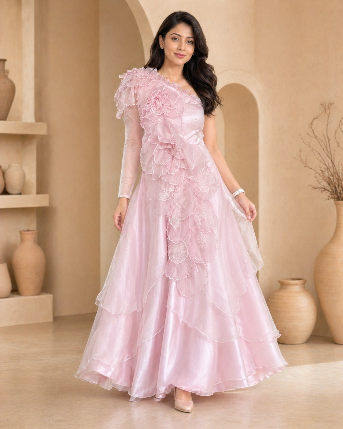 Handcrafted pratywear bloom craft floral organza frock for women