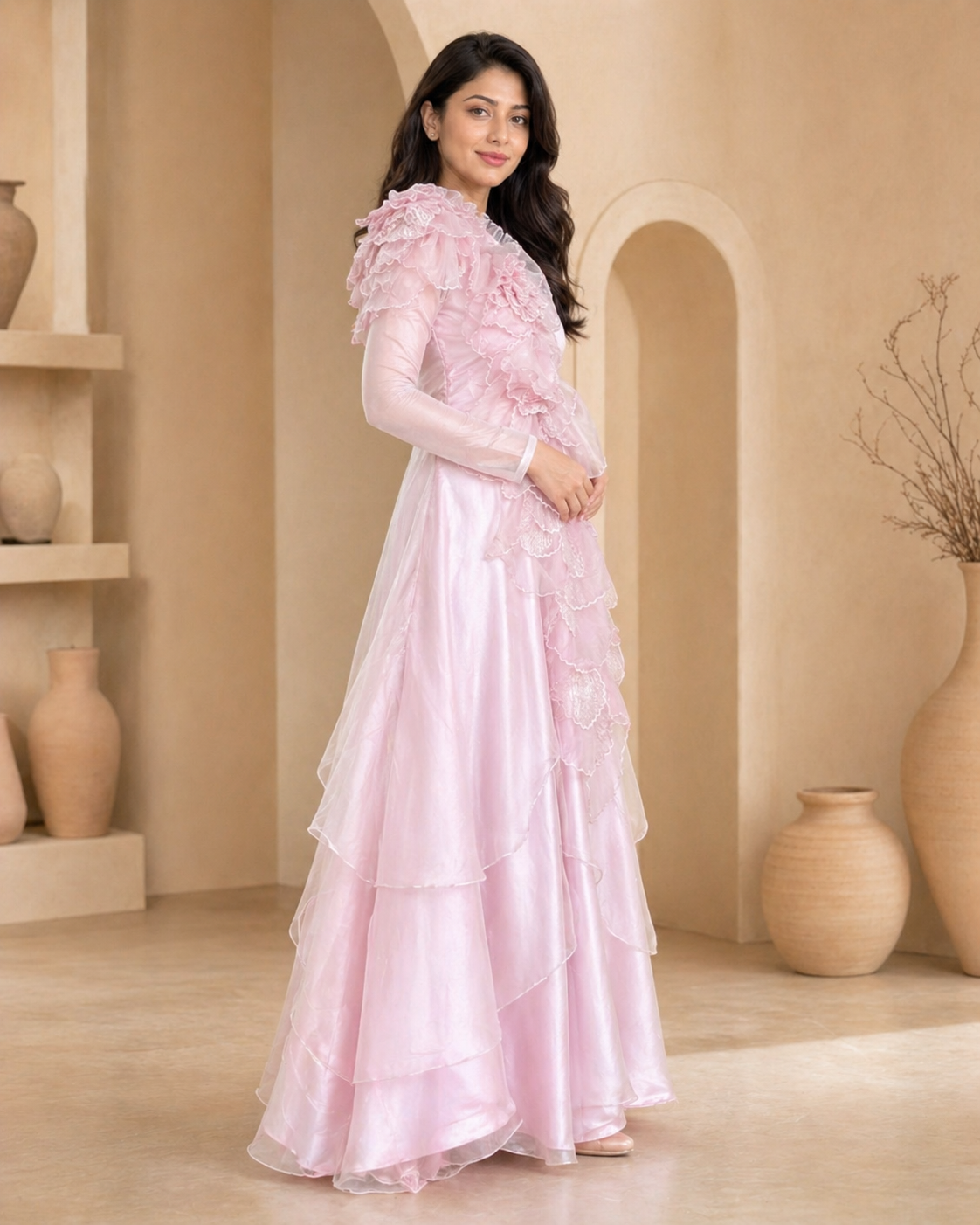 Handcrafted pratywear bloom craft floral organza frock for women