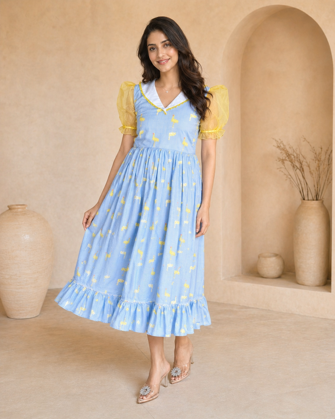 Powder blue cotton frock with swan motif thread work