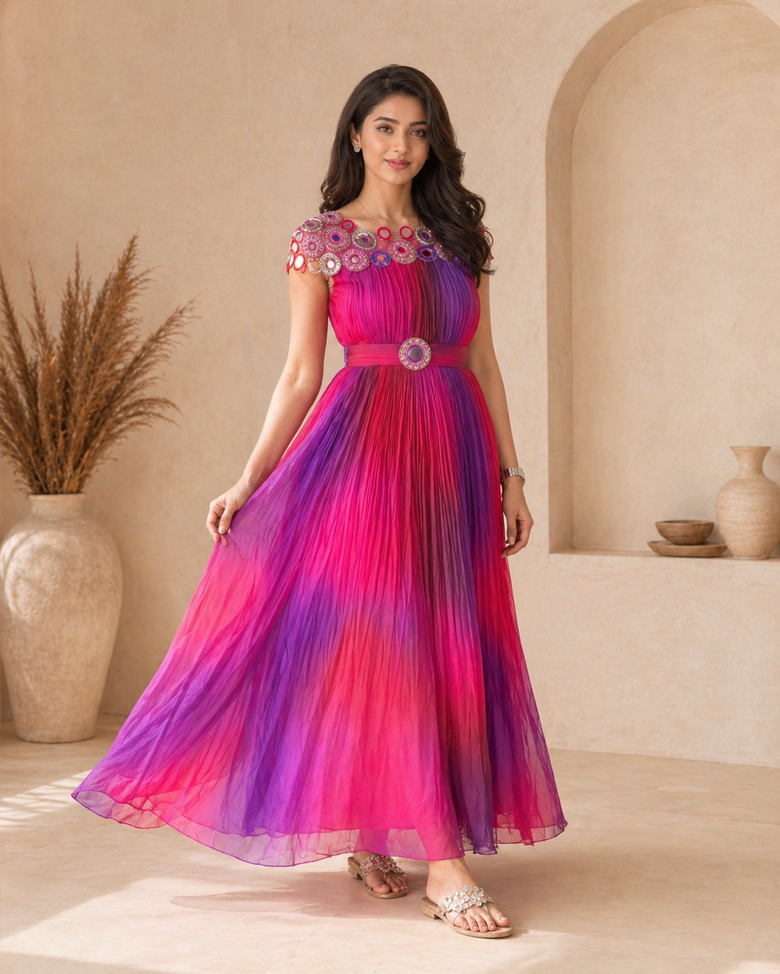 Multi colour frock with mirror work