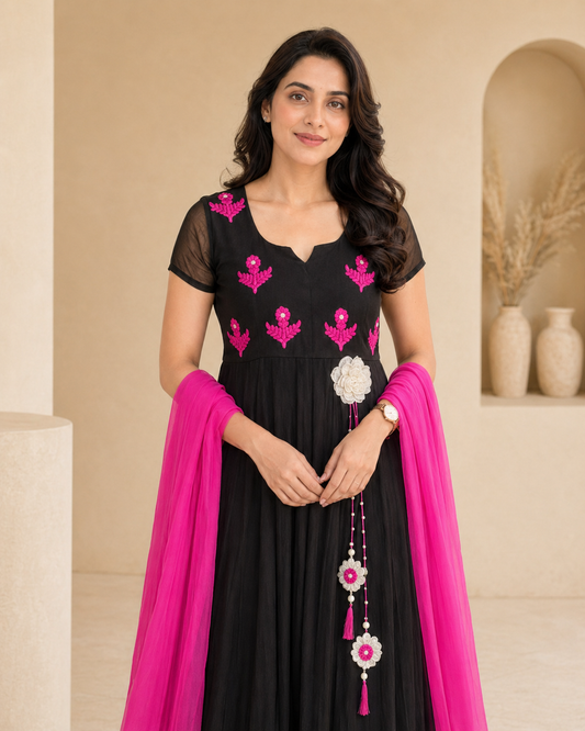 Black frock with pink thread work and plain dupatta