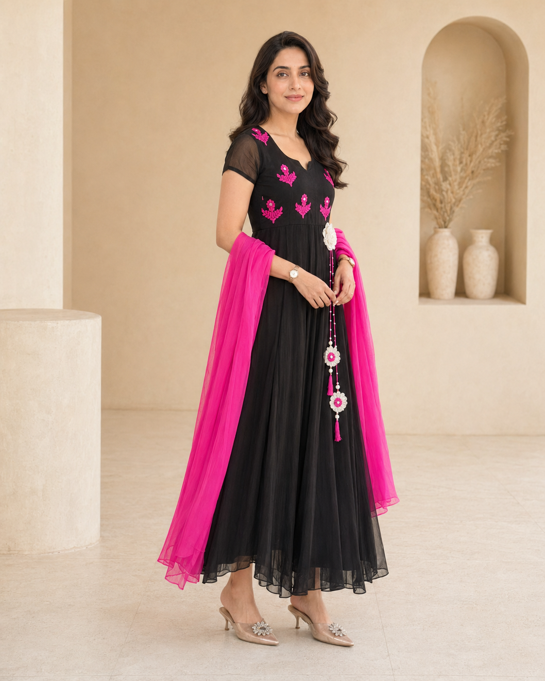 Black frock with pink thread work and plain dupatta