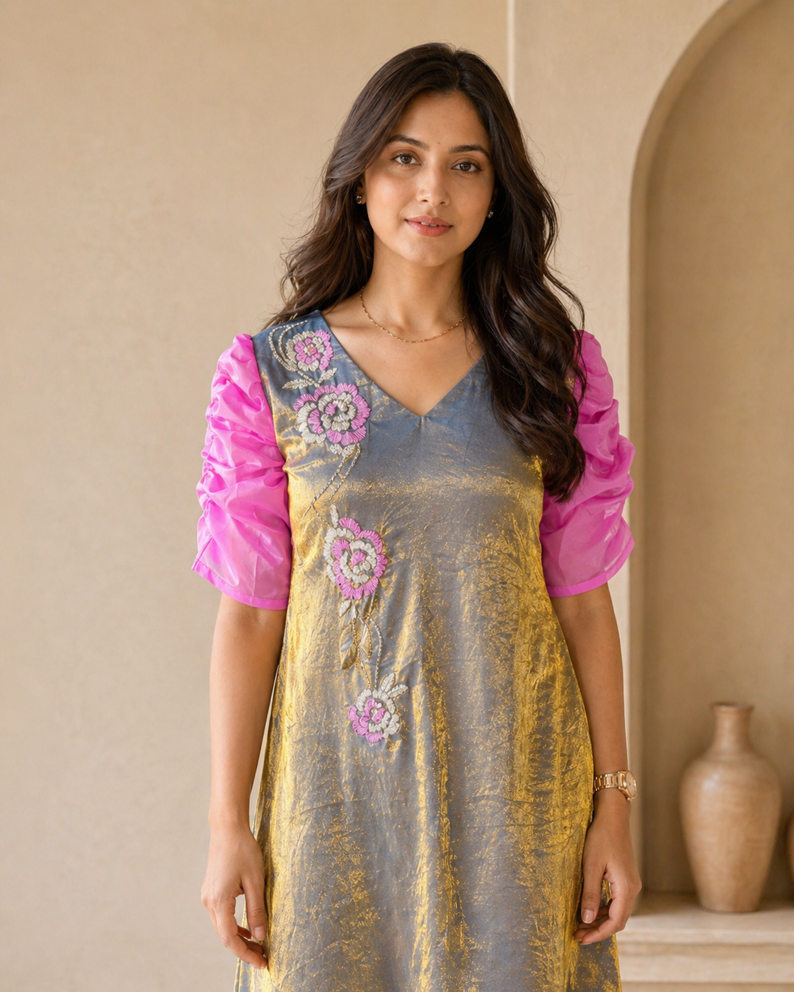 Glass tissue frock with hand embroidery detailing