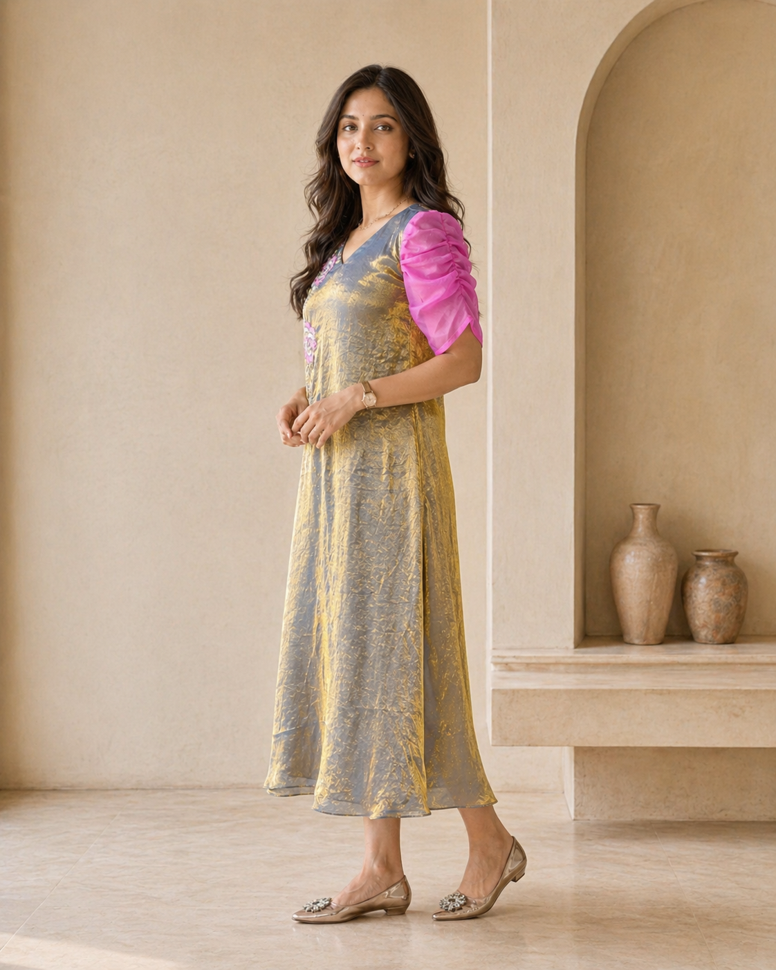 Glass tissue frock with hand embroidery detailing