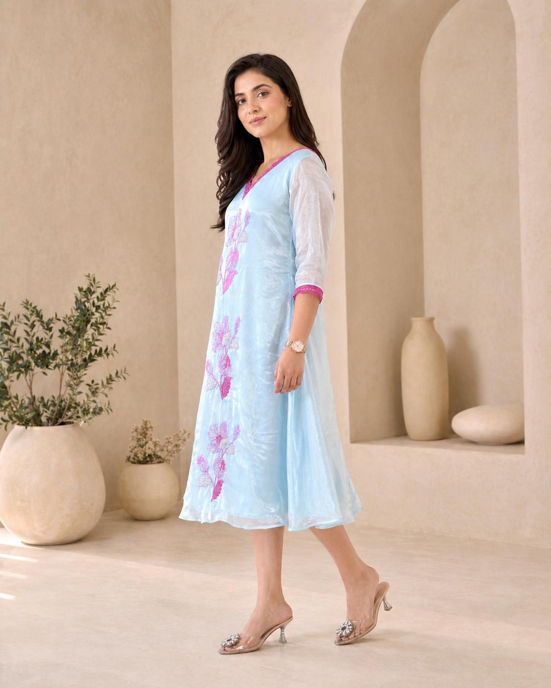 Glass tissue Blue Frock with Elegant Embroidery