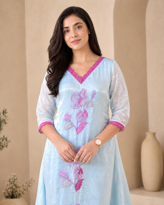Glass tissue Blue Frock with Elegant Embroidery