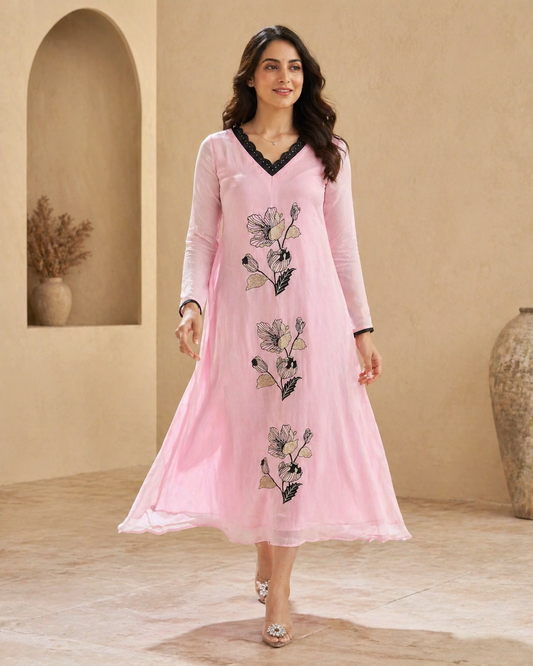 Classic peach frock with Elegant Embroidery