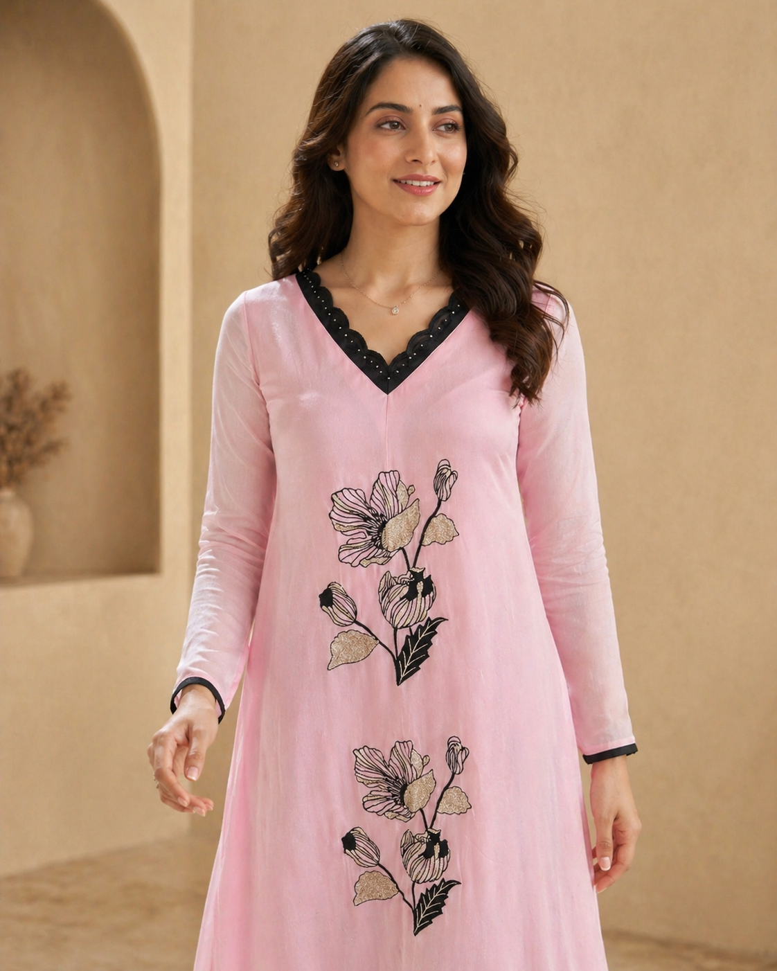 Classic peach frock with Elegant Embroidery