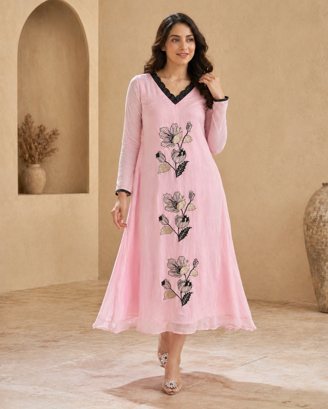 Classic peach frock with Elegant Embroidery