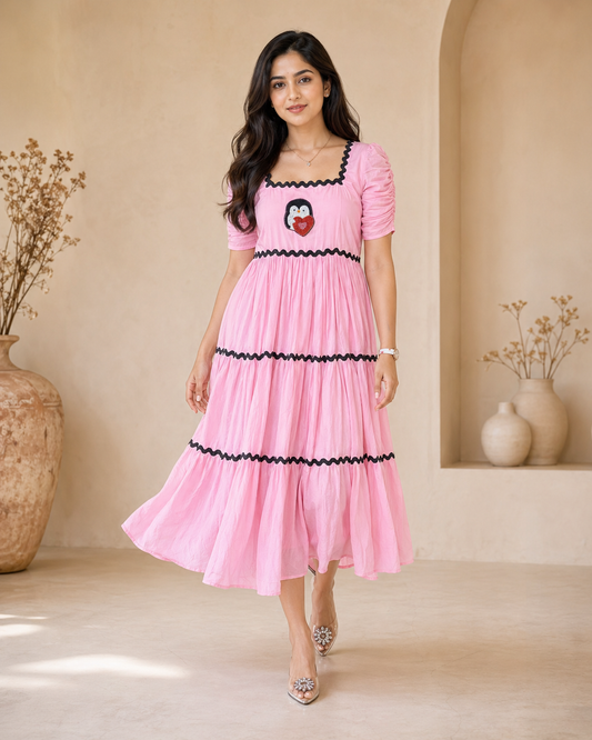 Pink cotton frock with a cute penguin motif