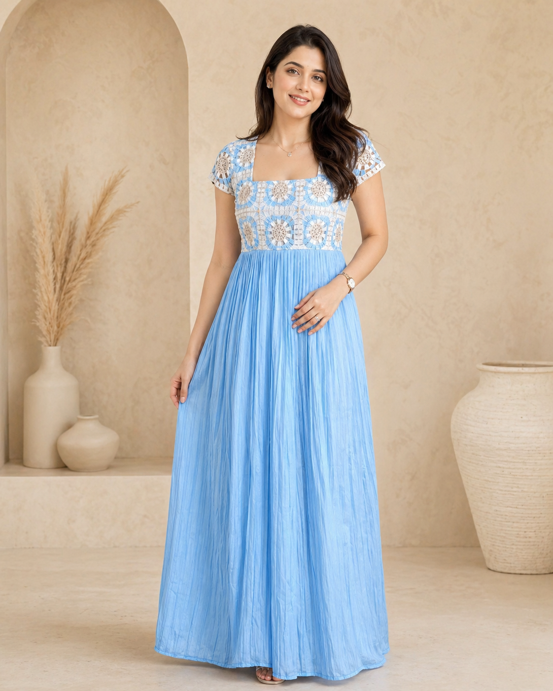 Blue raw sil frock with crochet yoke