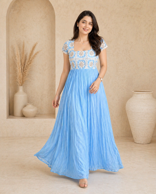 Blue raw sil frock with crochet yoke
