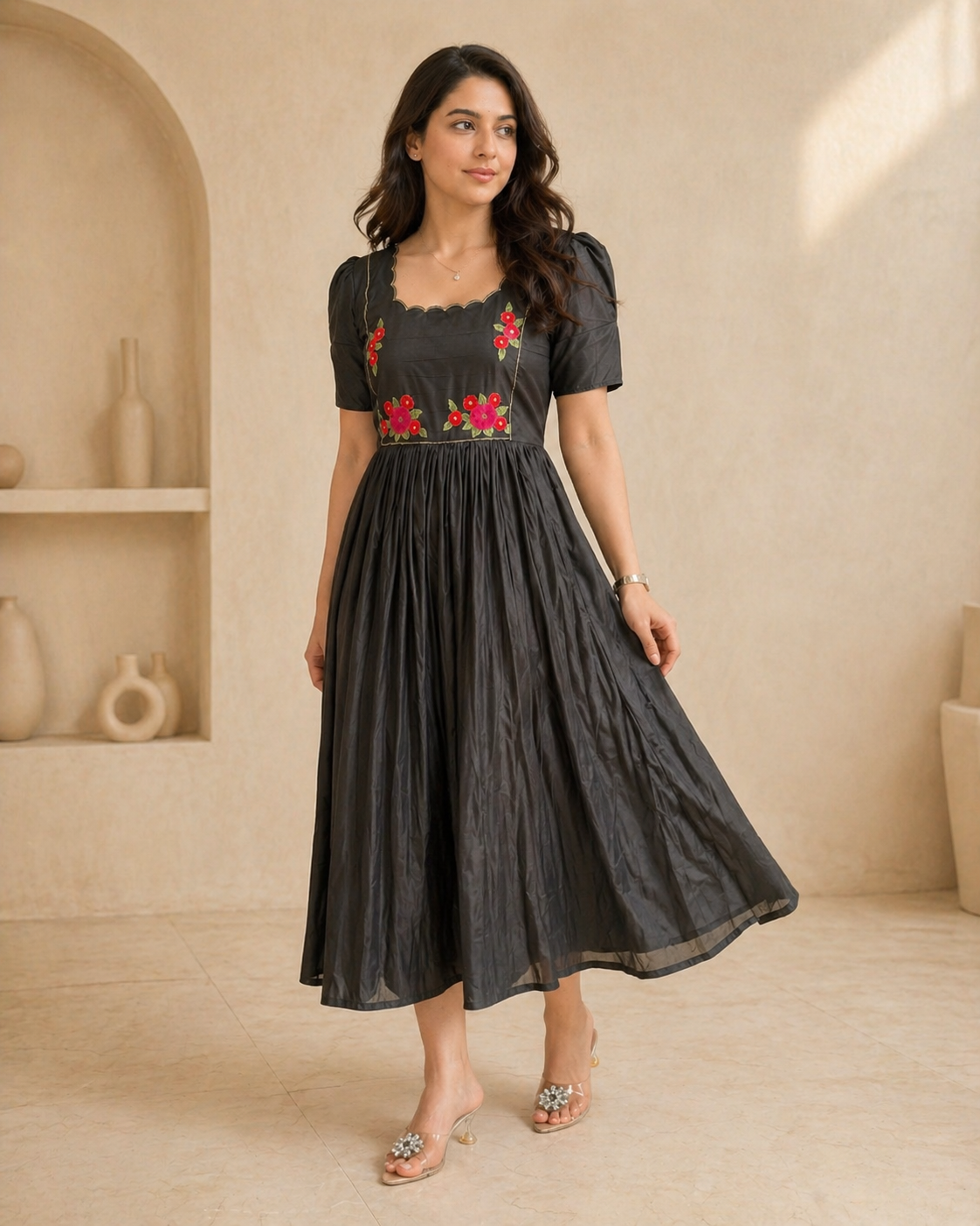 Black silk frock with hand embroidery