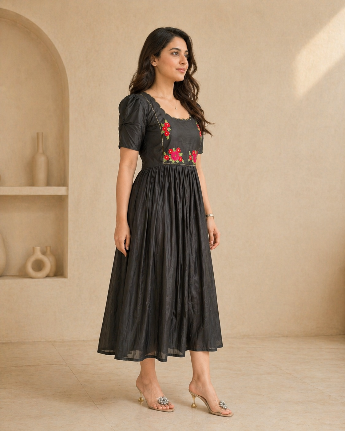 Black silk frock with hand embroidery