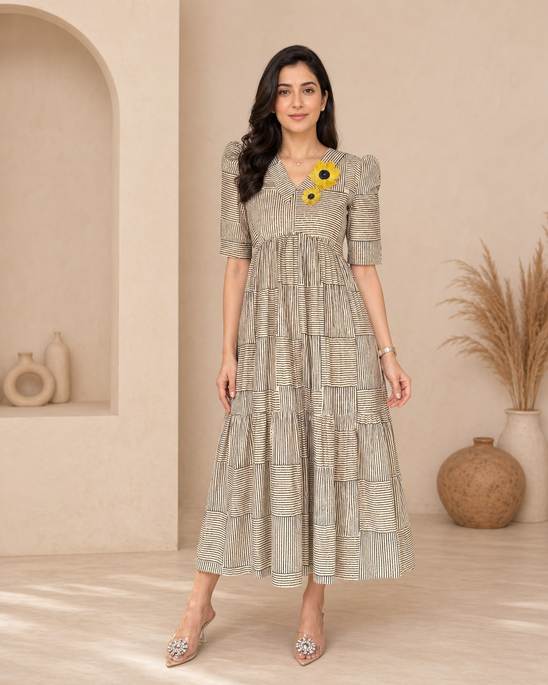 Black horizontal and vertical srtripes frock with sunflower aplique
