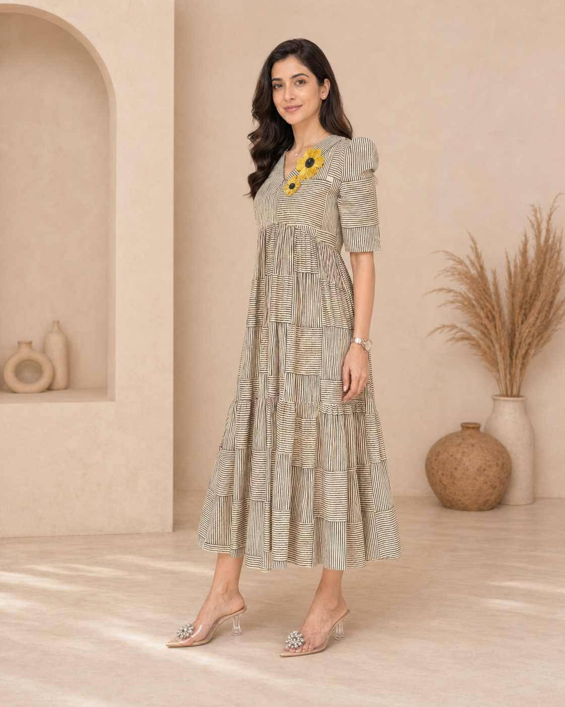 Black horizontal and vertical srtripes frock with sunflower aplique