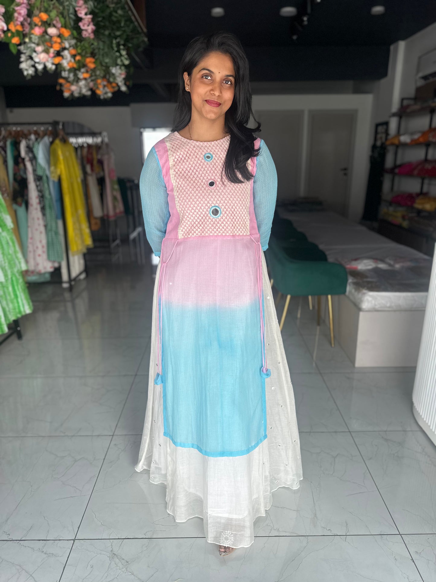 Dual shade kota cotton frock with mirror work