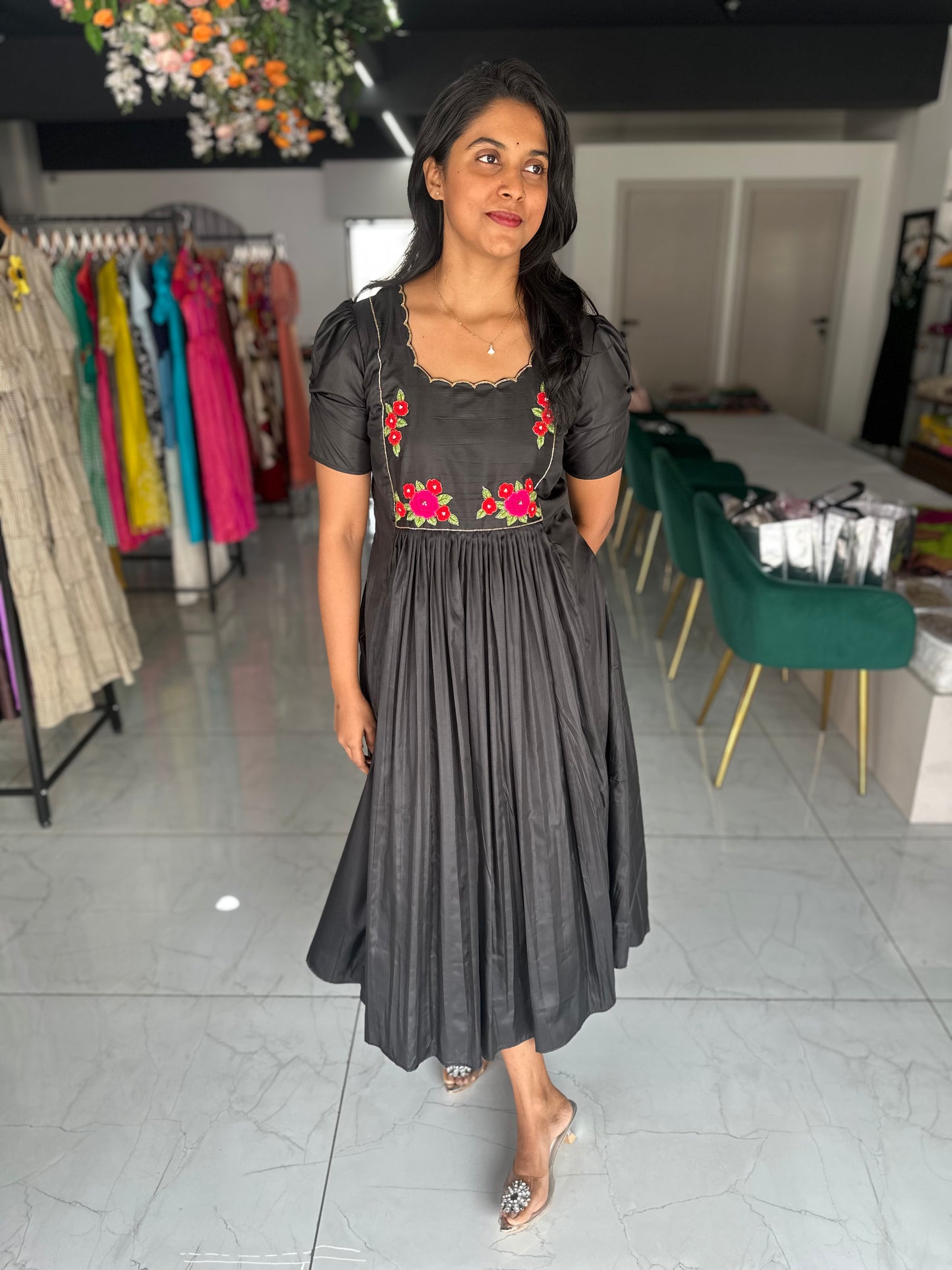 Black silk frock with hand embroidery